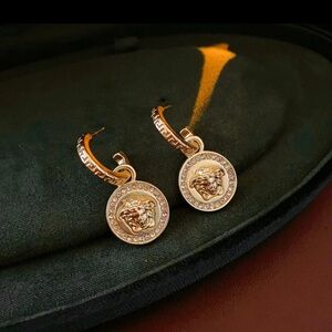 Luxury Design Medallion Medusa CZ Drop Earrings 14K Yellow Gold Plated